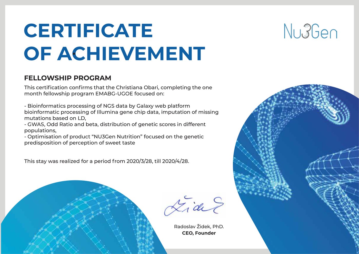 NU3Gen fellowship programme certificate, EMABG-UGOE, 2020